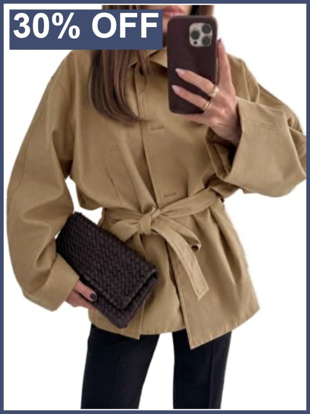 Oversized Trench Coat Stand Collar Belted Short Jacket Lightweight